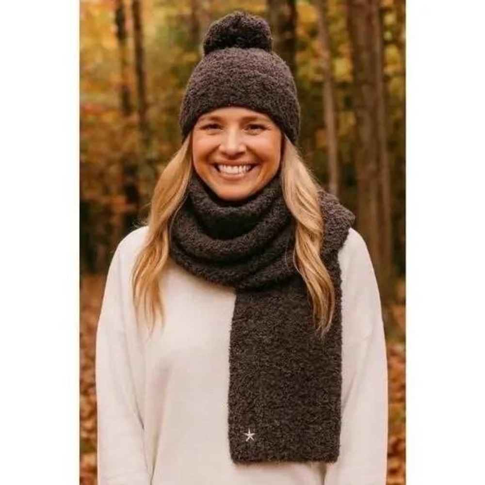Barefoot Dreams CozyChic Pom Pom Beanie Scarf Set Espresso Cocoa One Size